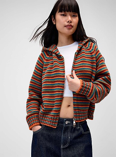 Twik Assorted Striped zippered hooded cardigan for women