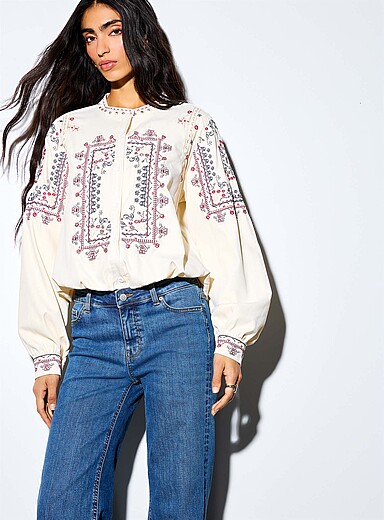 Ic&ocirc;ne Patterned Ecru Embroidery and jewels bubble blouse for women