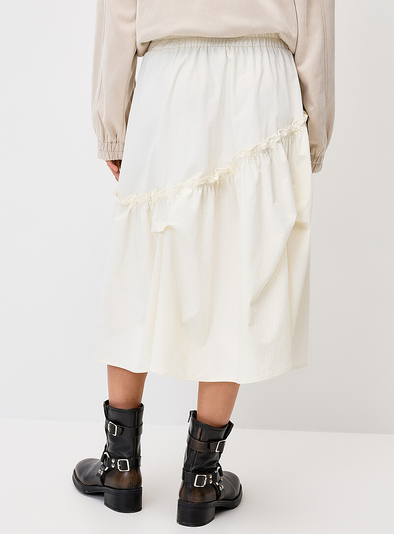 Twik Ivory/Cream Beige Asymmetrical ruffled midi skirt for women