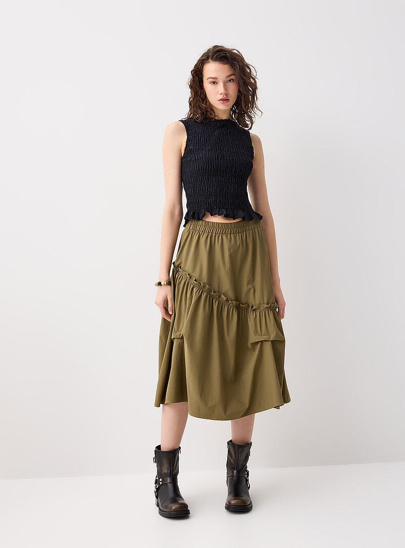 Twik Ivory/Cream Beige Asymmetrical ruffled midi skirt for women