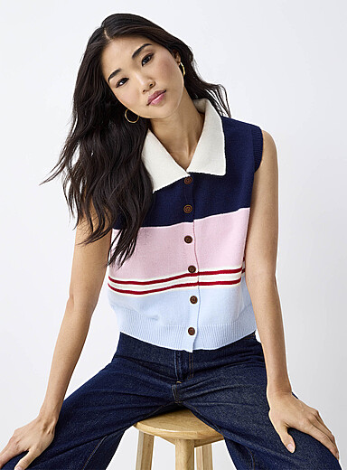 Polo collar buttoned sweater vest | Twik | Stripes & Patterns | Simons