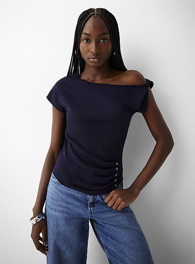 Ic&ocirc;ne Navy/Midnight Blue Buttoned waist asymmetrical neckline sweater for women