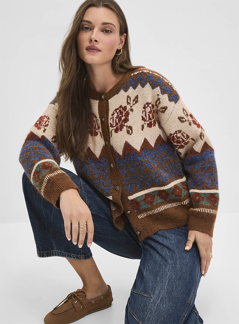 Fuzzy-knit jacquard loose cardigan | Icône | Stripes & Patterns