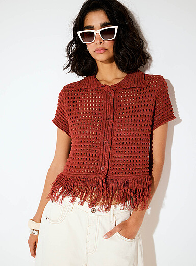 Plush-knit polo-collar fringed cardigan