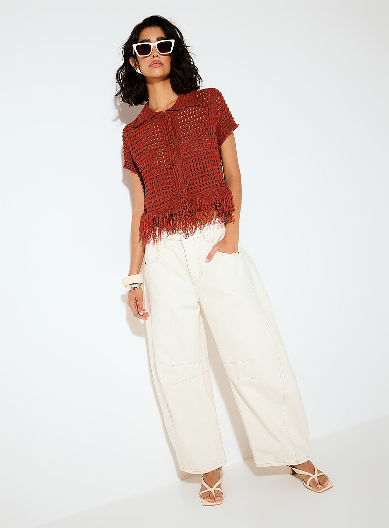 Ic&ocirc;ne: Le cardigan frang&eacute; col polo tricot moelleux Cuivre - Rouille pour femme
