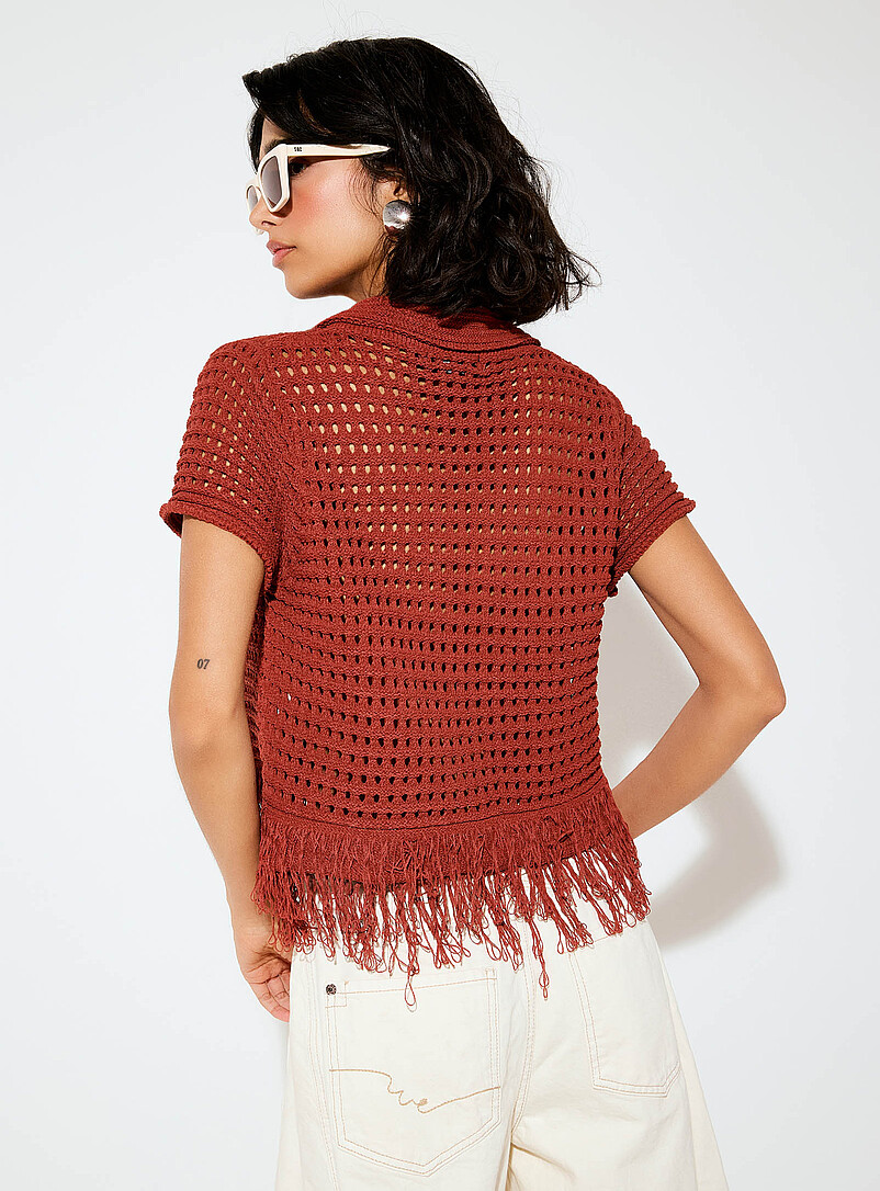 Ic&ocirc;ne: Le cardigan frang&eacute; col polo tricot moelleux Cuivre - Rouille pour femme