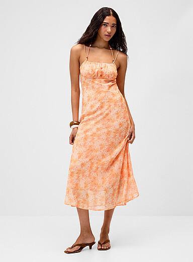Twik Orange Flowers wrinkled bust maxi dress for women