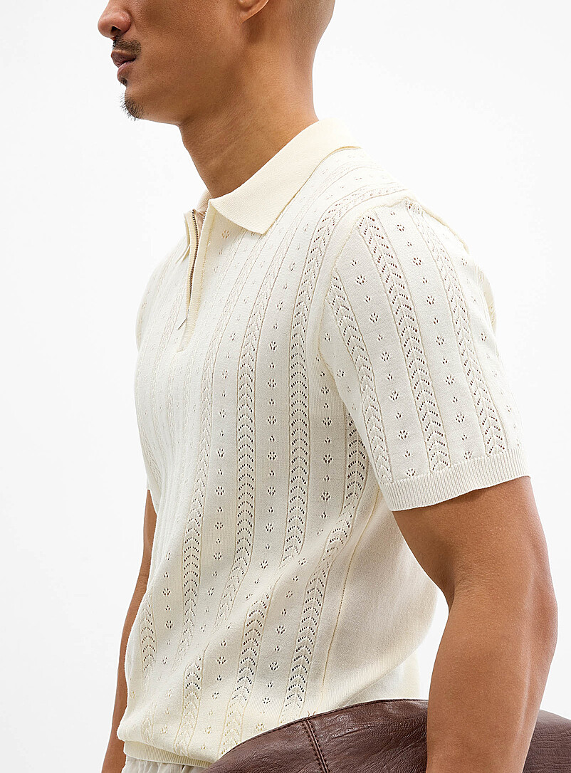 Striped pointelle-knit zip polo | Le 31 | | Simons