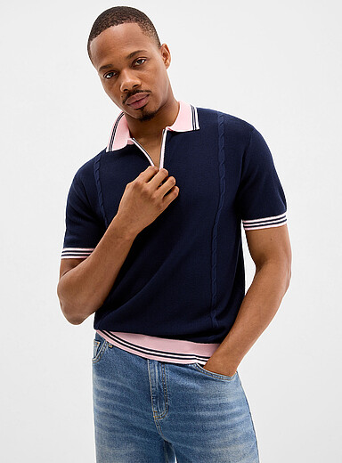 Le 31: Le polo zipp&eacute; tricot textur&eacute; Bleu &agrave; motifs pour homme