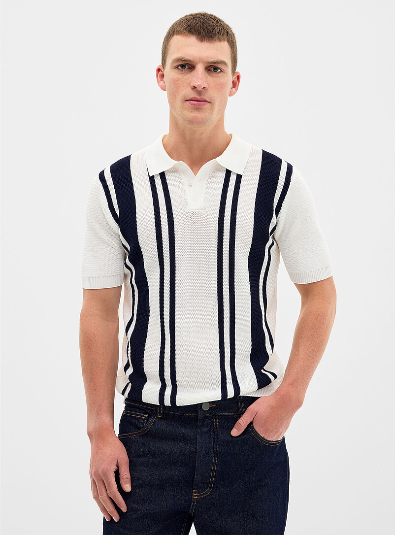 Le 31 Black Vertical stripe knit polo for men