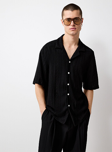 Tone-on-tone openwork embroidery shirt