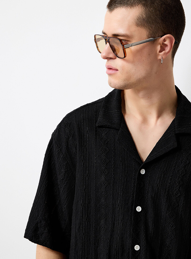 Le 31 Black Tone-on-tone openwork embroidery shirt for men