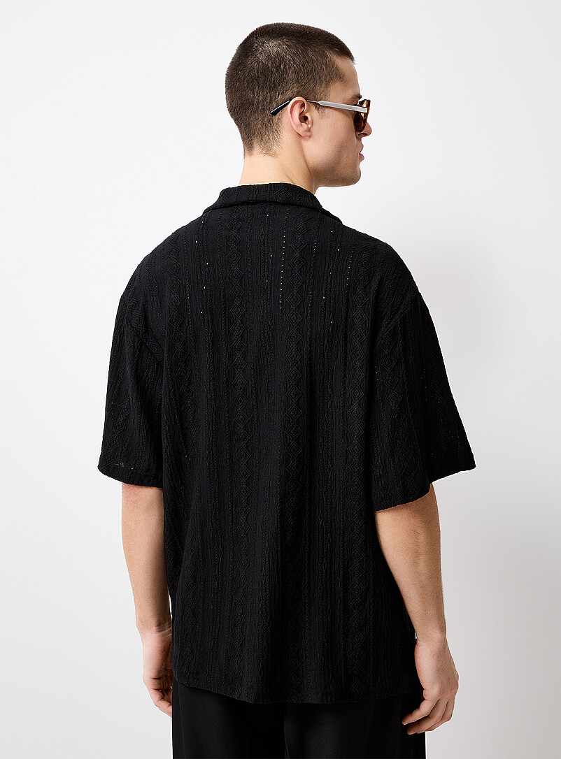 Le 31 Black Tone-on-tone openwork embroidery shirt for men