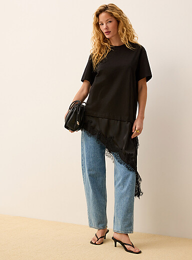 Lace trim asymmetrical T-shirt dress