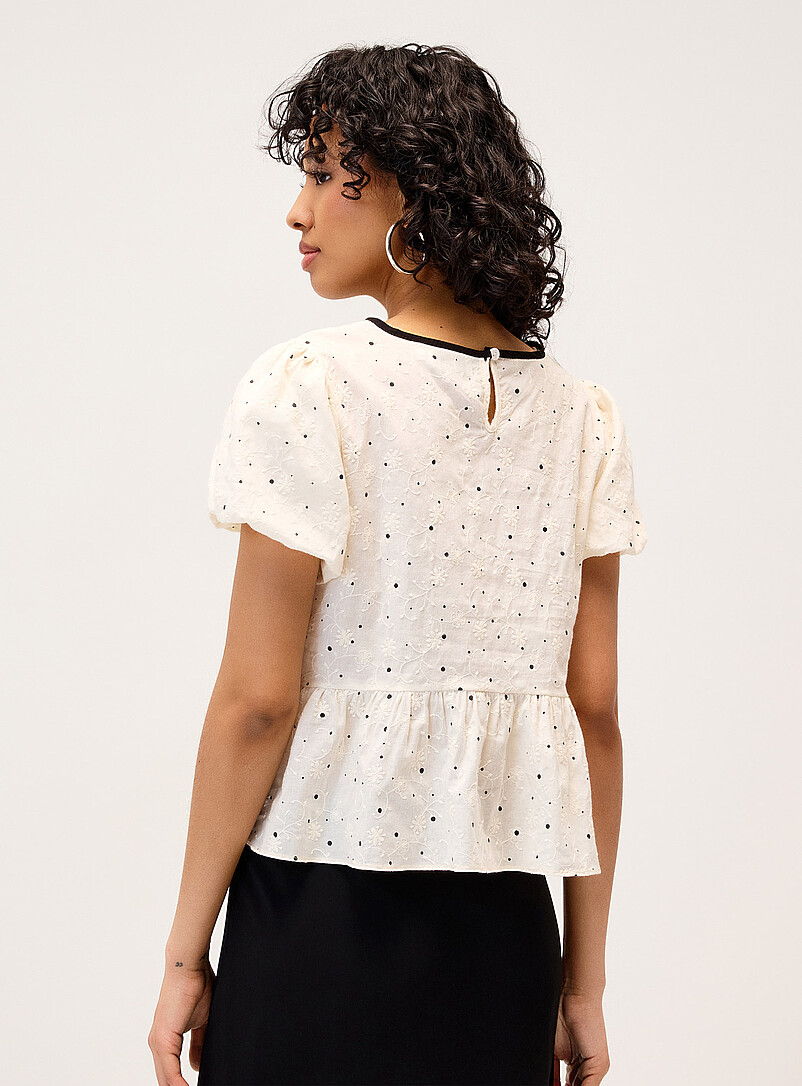 Twik Patterned Ecru Contrast bow embroidered blouse for women