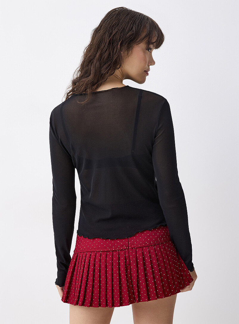 Twik Black Ruffled trim mesh T-shirt for women