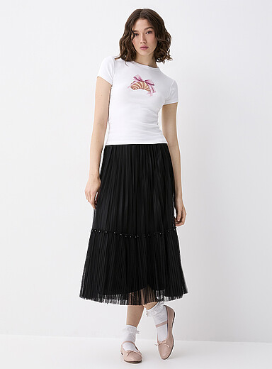 Twik: La jupe midi pliss&eacute;e tulle et perles Noir pour femme