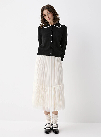 Twik Off White Tulle and beads pleated midi skirt for women