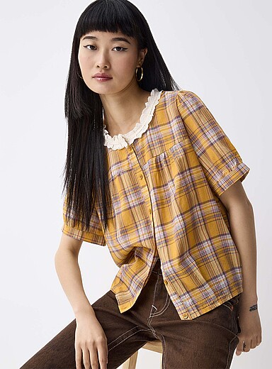 Twik: La blouse manches courtes carreaux Jaune dor&eacute; pour femme