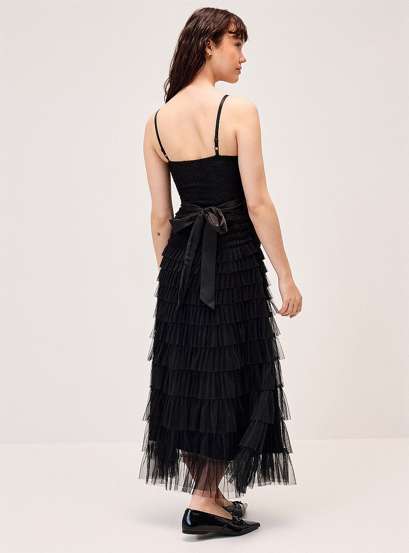 Twik: La robe maxi organza et dentelle Noir pour femme