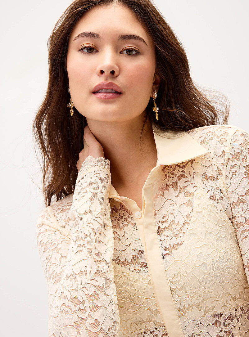 Twik Ivory/Cream Beige Lace fitted polo shirt for women