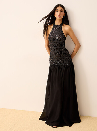 Ic&ocirc;ne: La longue robe noire licou paillettes et chiffon Noir pour femme