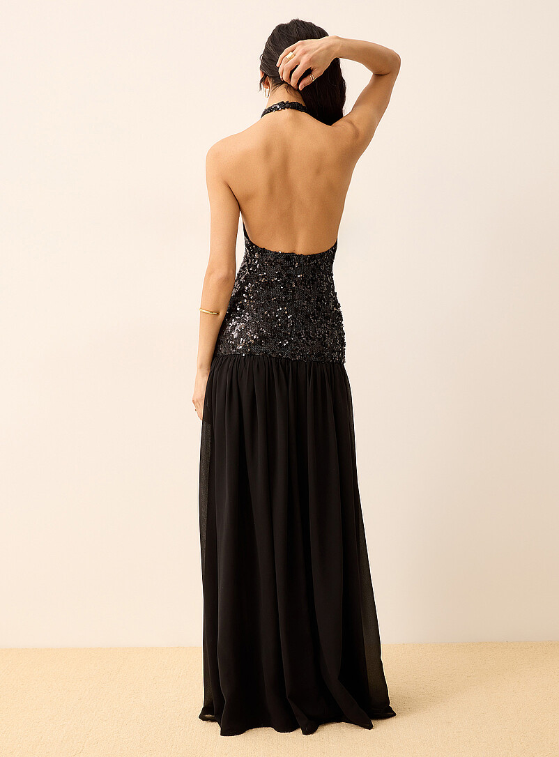 Sequins and chiffon maxi black halter dress | Icône | Long Dresses & Maxi  Dresses For Women