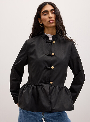 Stand-collar peplum twill jacket