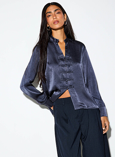 Frog toggle crinkled satin blouse