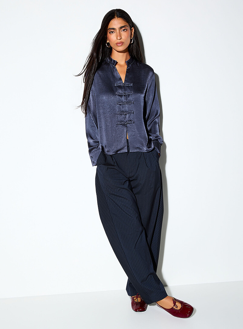 Ic&ocirc;ne Slate Blue Frog toggle crinkled satin blouse for women