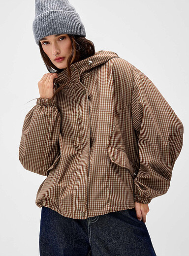 Twik Patterned Brown Boxy buttoned-pocket coat for women