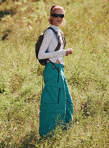 I.FIV5: Le pantalon parachute ample toile craquante Sarcelle - Turquoise pour femme