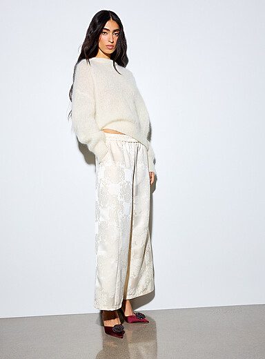 Ic&ocirc;ne Off White Tone-on-tone floral jacquard pant <b>Fit: Wide leg, high rise</b> for women