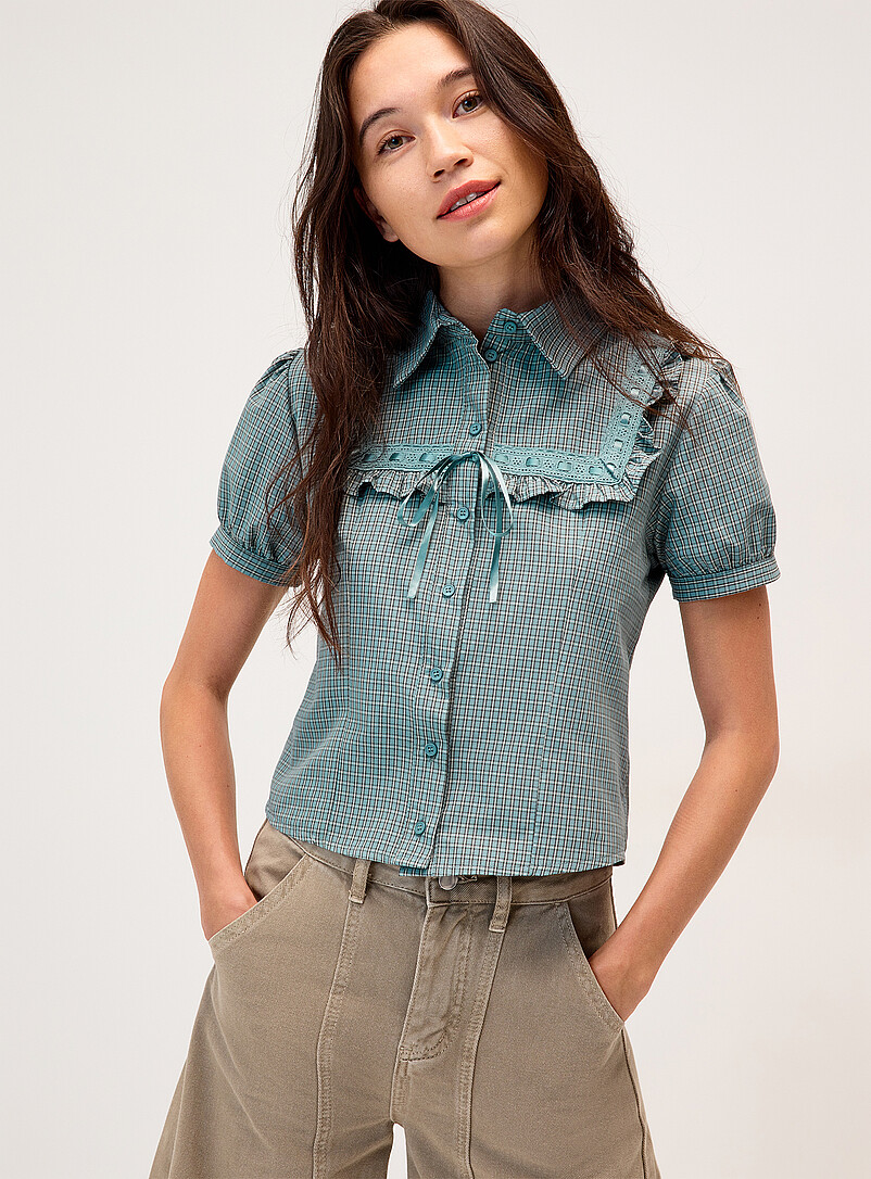 Twik Red Lace ribbon puff-sleeve shirt for women