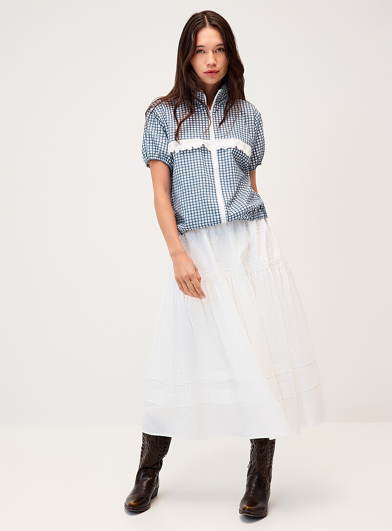 Twik: La chemise zipp&eacute;e carreaux et dentelle Bleu &agrave; motifs pour femme