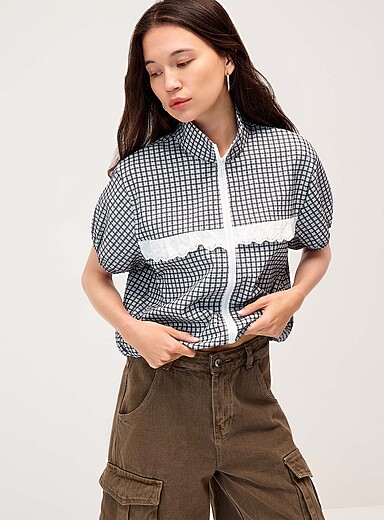 Plaid and lace zip shirt
