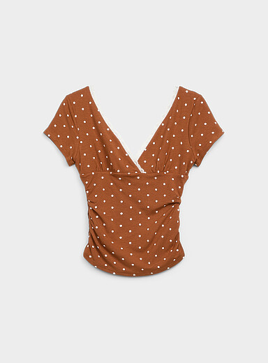 Twik: Le t-shirt col V bordure dentelle Chocolat - Espresso pour femme