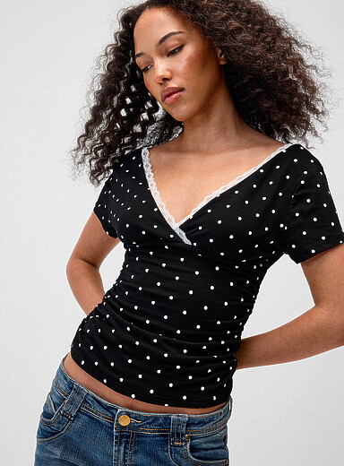 Twik Patterned Black Lace trim V-neck T-shirt for women