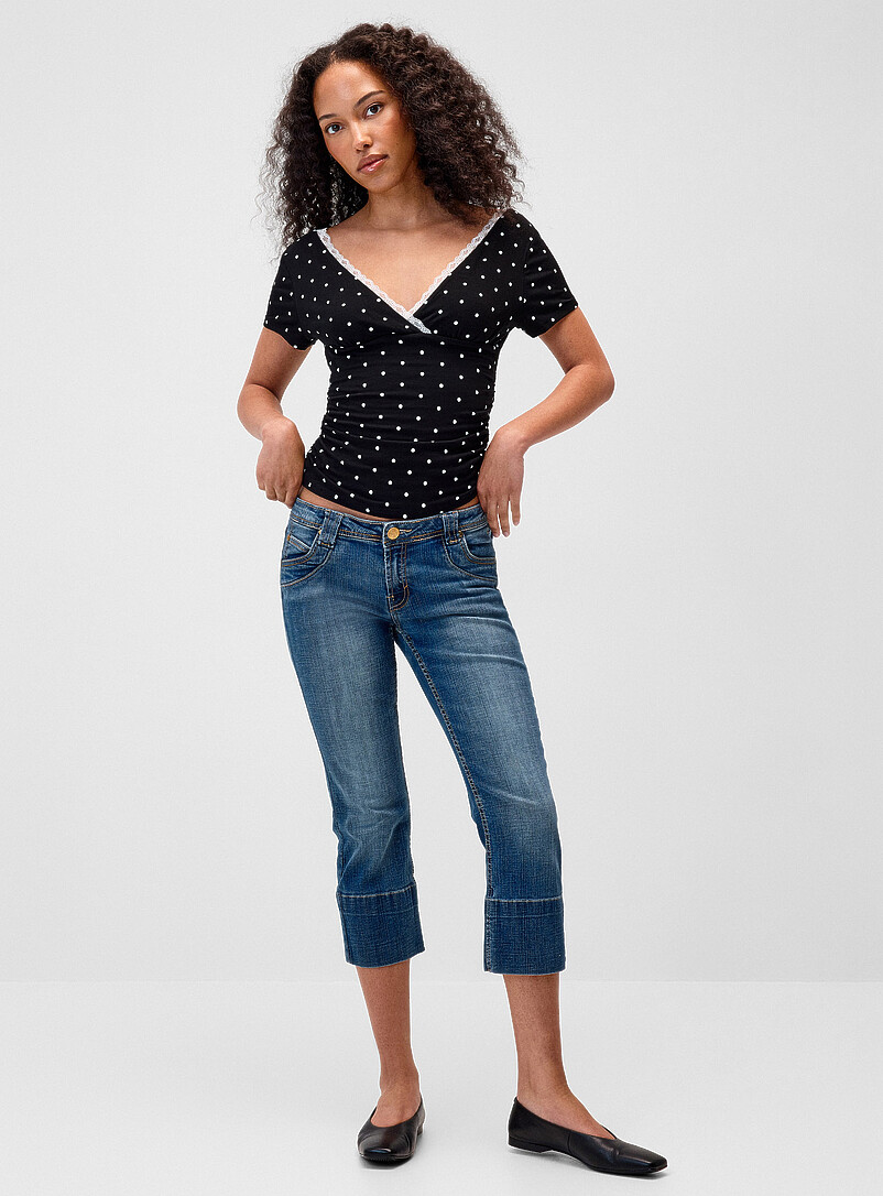 Twik Black Lace trim V-neck T-shirt for women