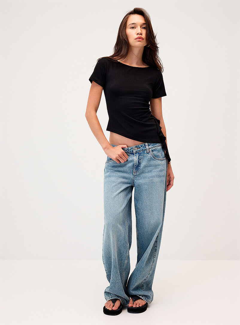 Twik Black Wavy ruffle fitted asymmetrical T-shirt for women