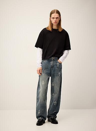 Djab Patterned Blue Embroidered gothic cross loose jean <b>Wide fit</b> for men