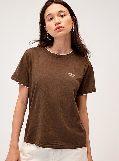 Twik Patterned Brown Scalloped trim mini-embroidery T-shirt for women