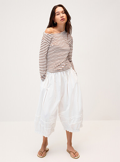 Striped lace-trim boat-neck T-shirt