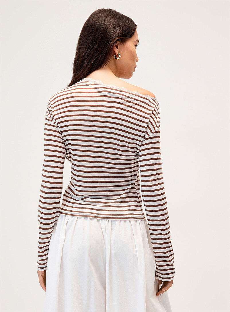 Twik Chocolate/Espresso Striped lace-trim boat-neck T-shirt for women