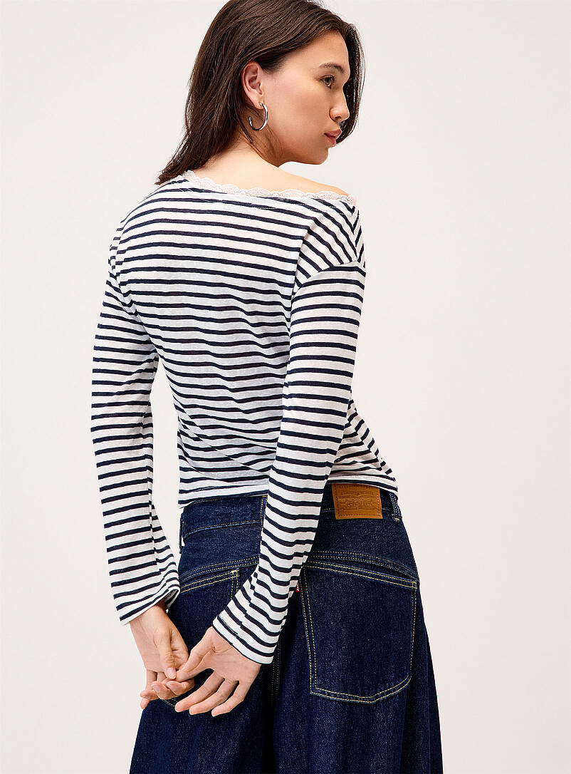 Twik Chocolate/Espresso Striped lace-trim boat-neck T-shirt for women