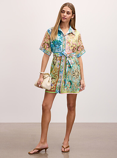 Retro-print belted mini shirtdress