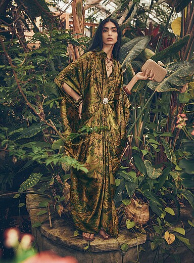 Crystal-pin luxurious satin shirt-style maxi tunic
