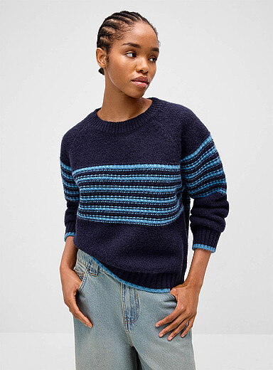 Twik Indigo/Dark Blue Accent stripes loose sweater for women