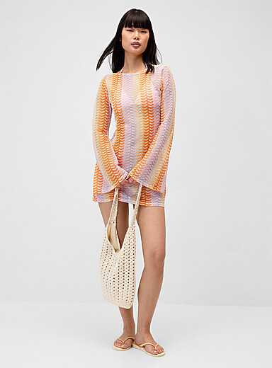 Twik: La robe crochet rayures fl&eacute;ch&eacute;es Orange &agrave; motifs pour femme