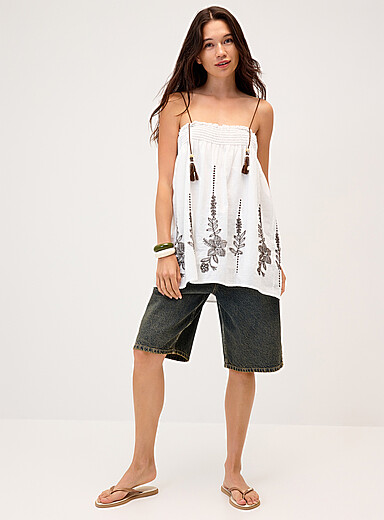Floral embroidery smocked tube top